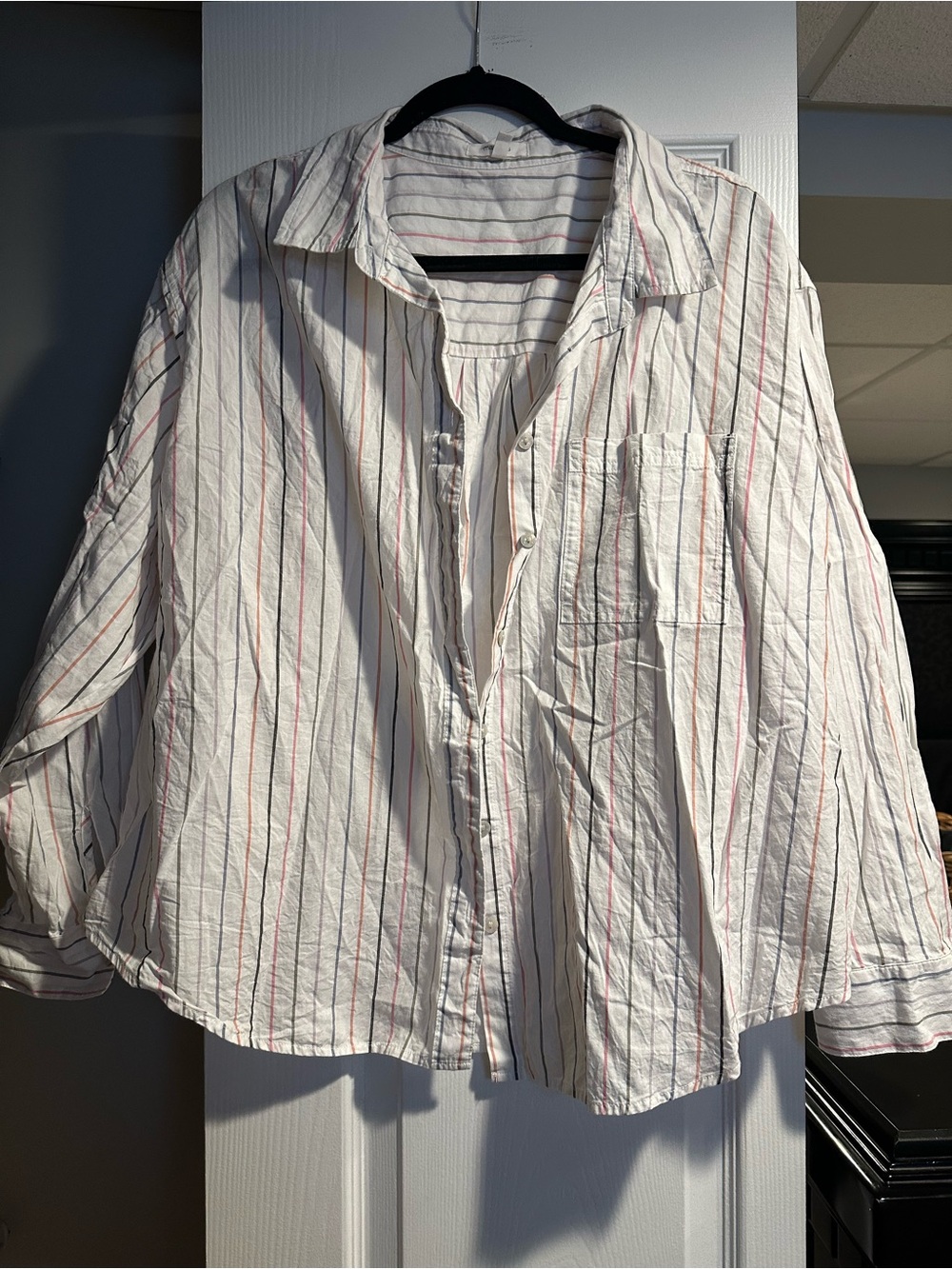 Maurices White Button-Down Shirt with Blue and Red Stripes